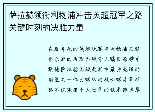 萨拉赫领衔利物浦冲击英超冠军之路关键时刻的决胜力量 萨拉赫领衔利物浦冲击英超冠军之路关键时刻的决胜力量