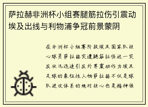 萨拉赫非洲杯小组赛腿筋拉伤引震动埃及出线与利物浦争冠前景蒙阴