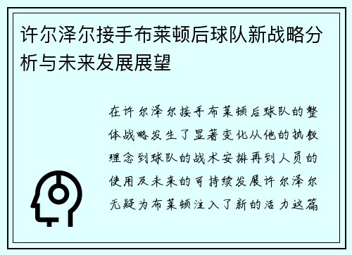 许尔泽尔接手布莱顿后球队新战略分析与未来发展展望 许尔泽尔接手布莱顿后球队新战略分析与未来发展展望